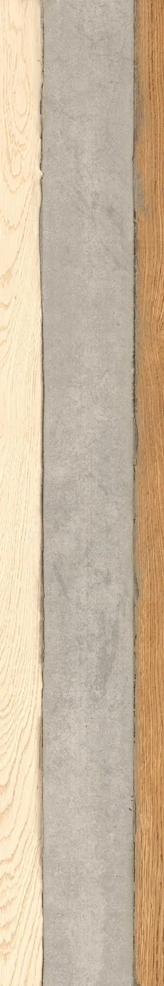 Dekorfliese mit grauem Zementstreifen zwischen hellem und braunem Holzstreifen, 20x120 cm, Draufsicht