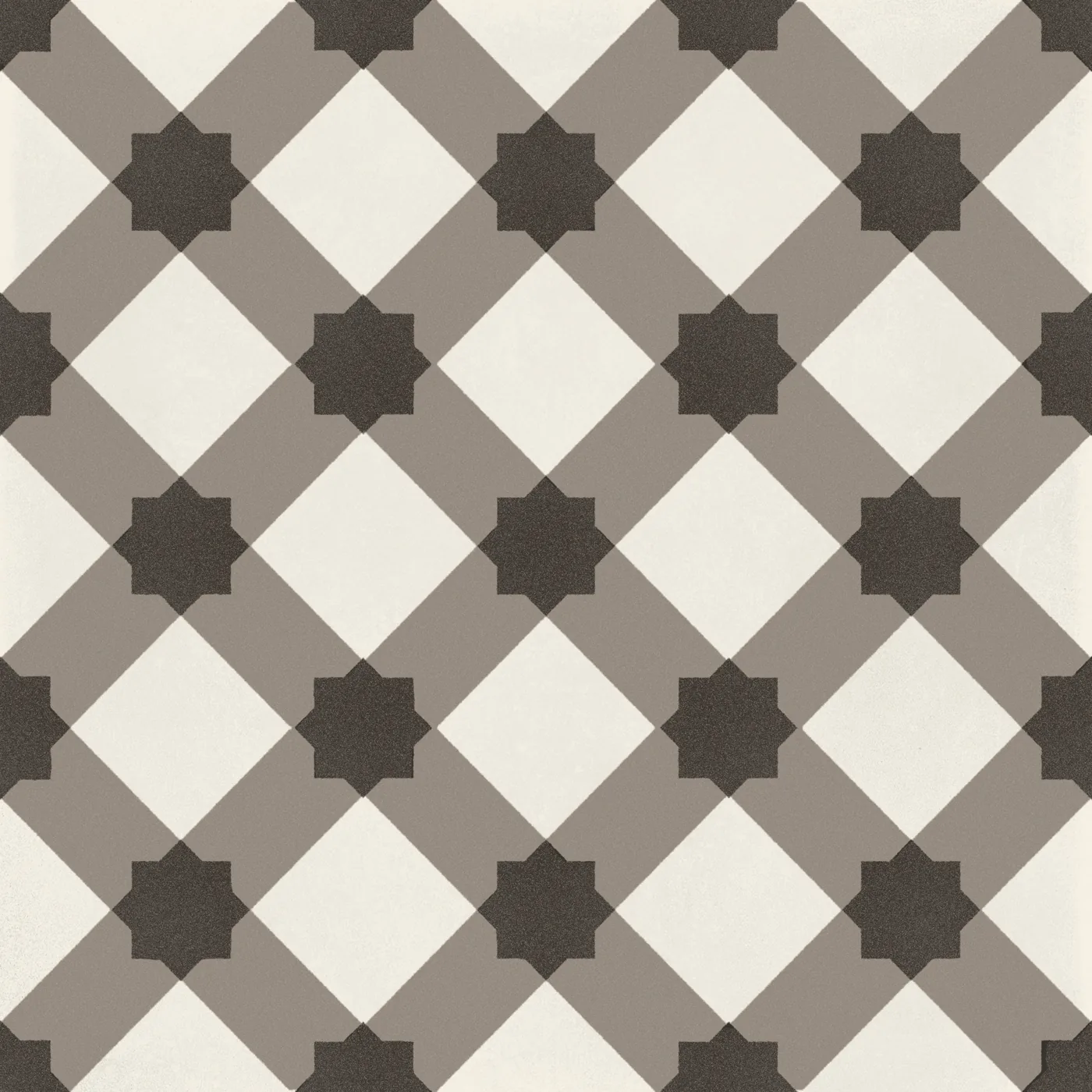 Quadrat-Fliese 20x20 cm, matt, mit taupefarbenem Diagonalgitter und dunkelbraunen Sternen.