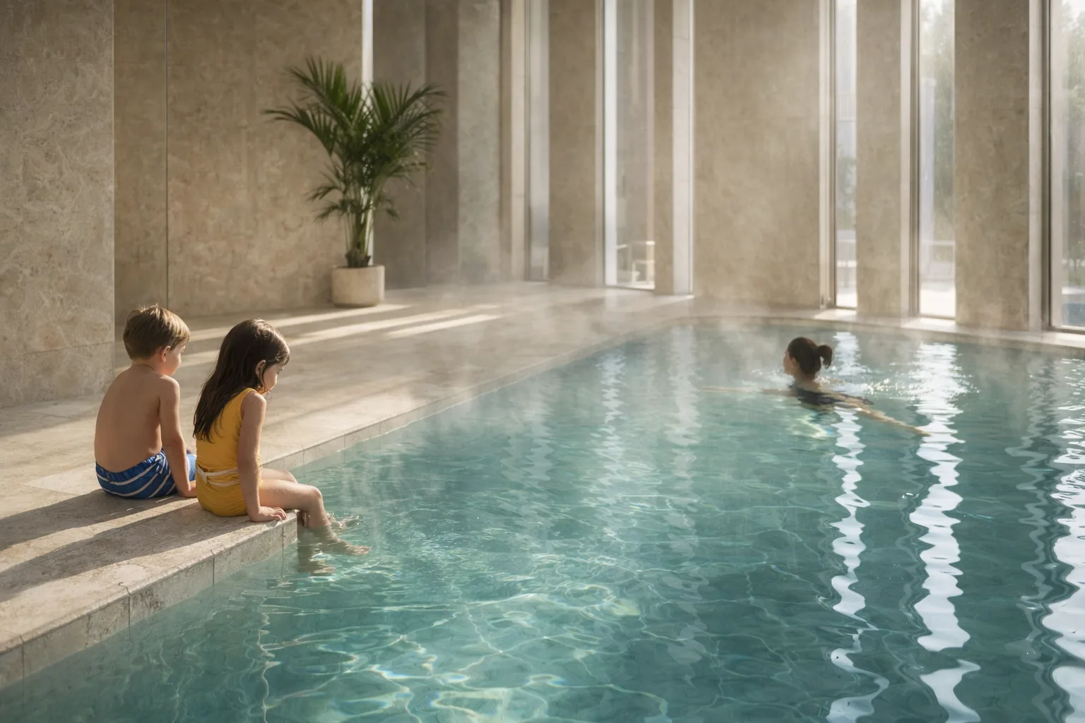 Indoor-Pool mit Wandverkleidung in heller Natursteinoptik und Spa-Atmosphaere – KI-generiertes Beispielbild