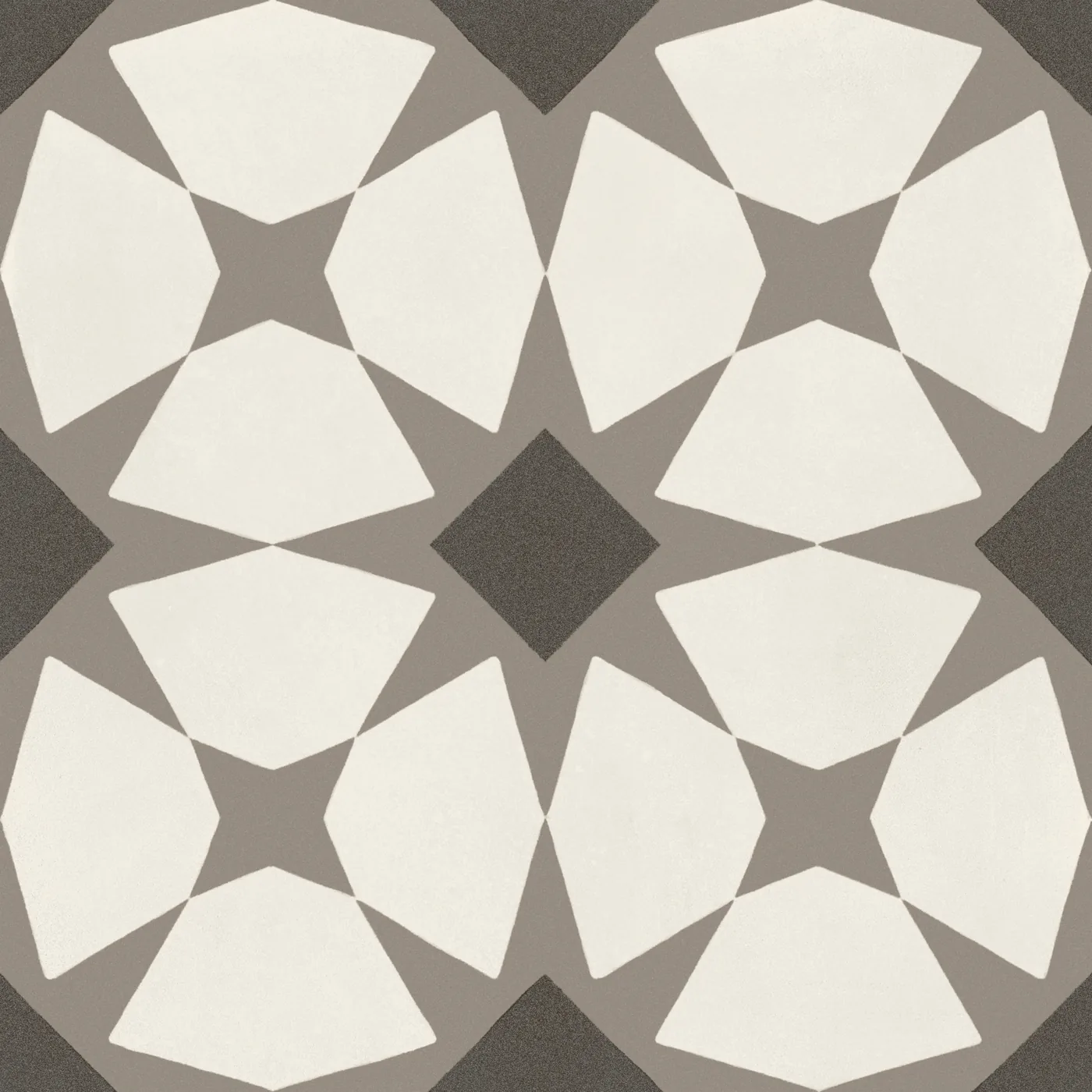 Quadrat-Fliese 20x20 cm, matt, mit cremeweißem Blütenstern-Muster auf taupefarbenem Grund.