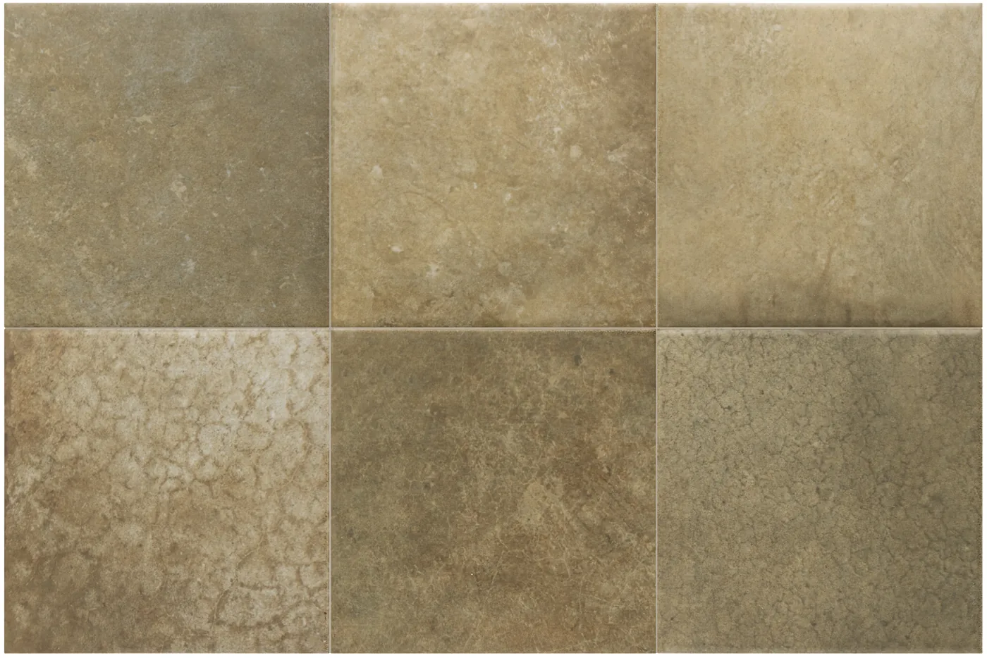 Sechs quadratische Fliesen in olivgrünem Khaki mit matter, wolkig changierender Oberfläche und leichten Farbnuancen.