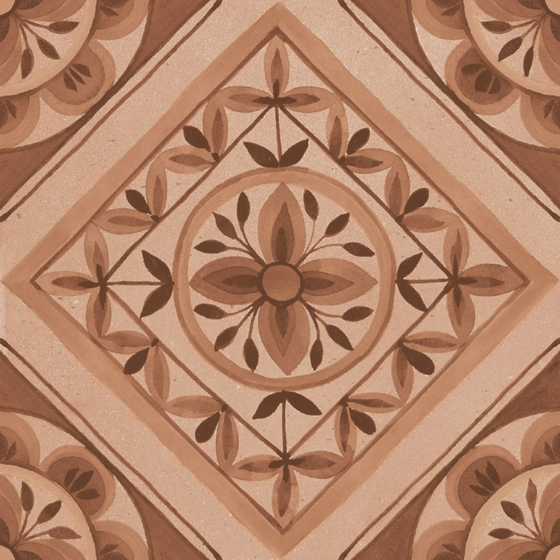 Quadrat-Fliese 20x20 cm in warmem Terrakotta-Cotto-Orange mit aufgesetztem Quadrat-Muster (Quadri), matt veredelt.