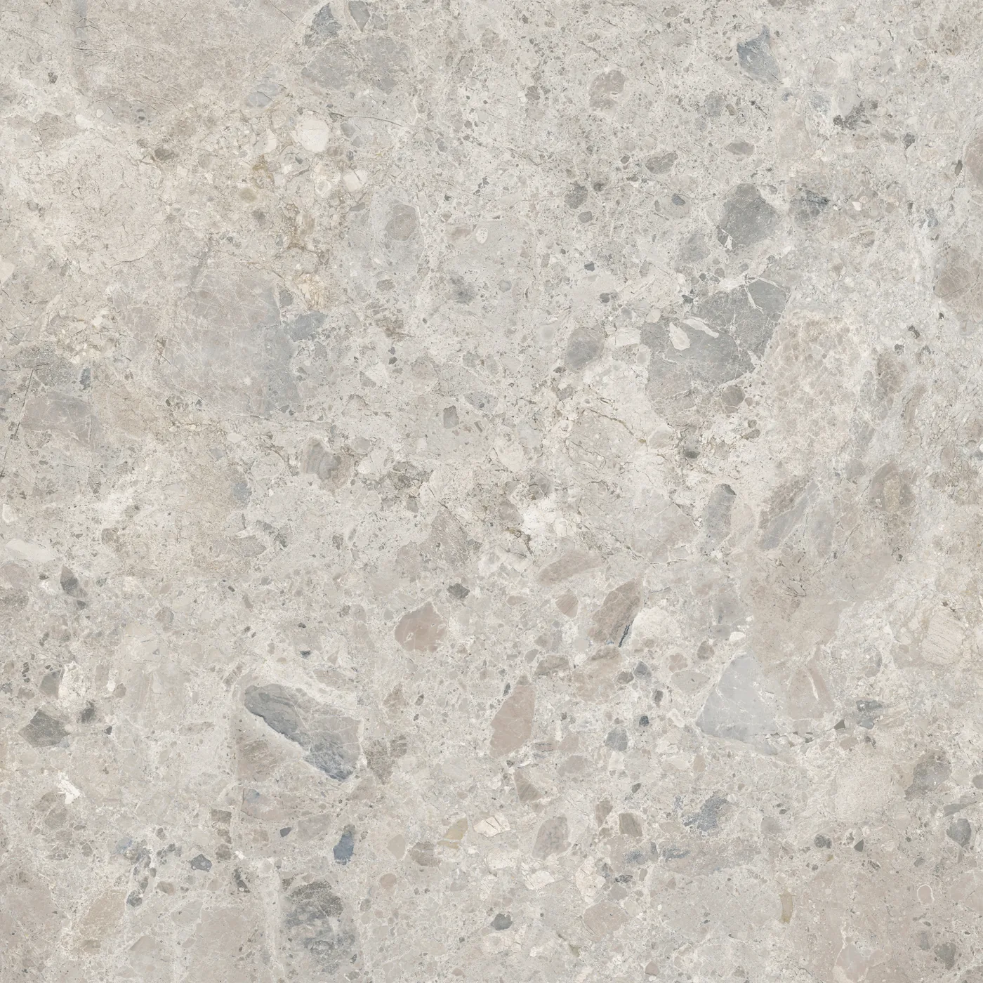 Graue Fliese 100×100 cm in Terrazzo-Optik mit hellen und dunkelgrauen Steinsplittern unterschiedlicher Größe.