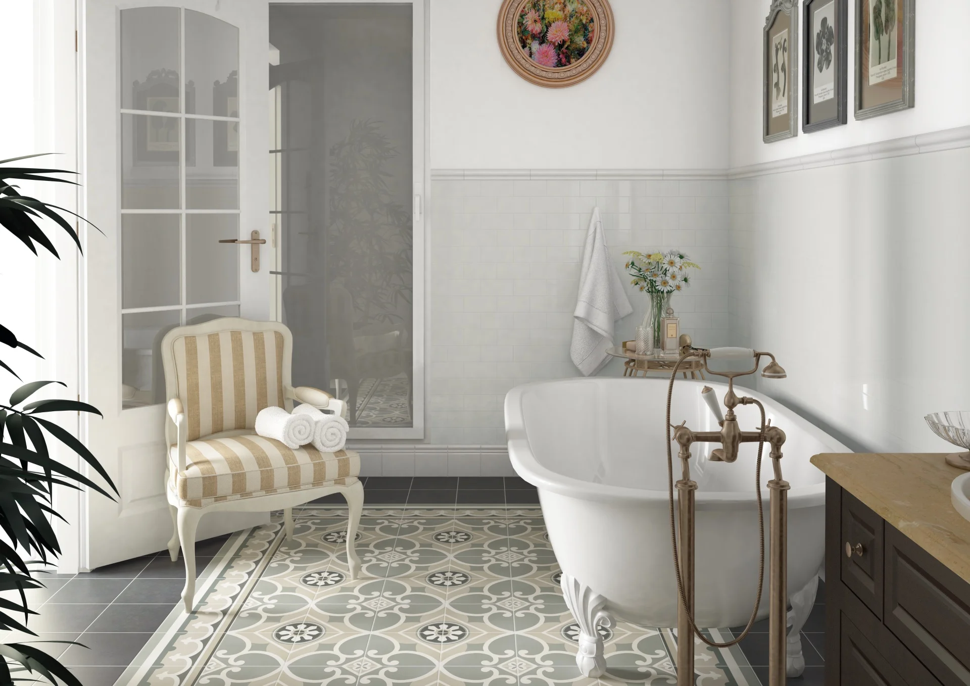 Badezimmer mit freistehender Wanne auf grau-weißem Ornamentboden aus quadratischen Zementfliesen.