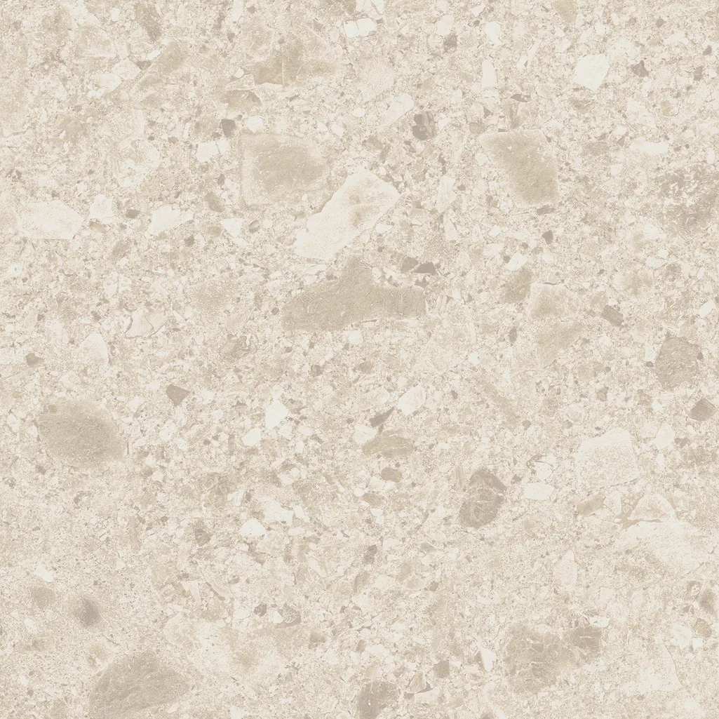 Cremebeige Konglomerat-Steinoptik 60x60 cm, grob strukturiert, mit hellen und beigebraunen Einschlüssen.