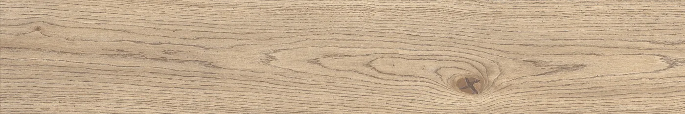 Hellbeige Holzoptik-Planke im Format 20x120 cm mit durchgehender Eichenmaserung und dunklem Astknoten in der Mitte.