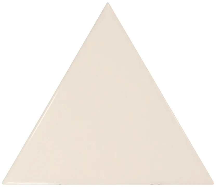 Dreieckige Wandfliese in Creme, glänzend glasiert, Format 10,8x12,4 cm, mit gleichmäßig deckender, blickdichter Oberfläche.