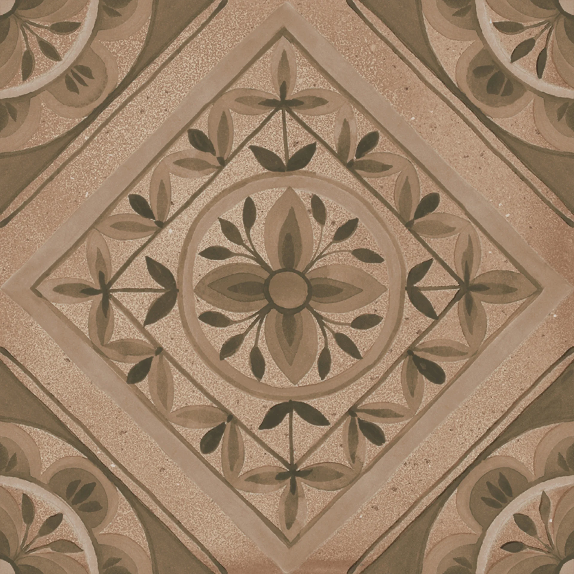 Quadrat-Fliese 20x20 cm in irdenem Coccio-Rot wie eine Ton-Scherbe mit aufgesetztem Quadrat-Muster (Quadri), matt veredelt.