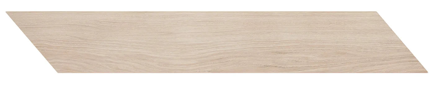 Weißlich-helle Holzoptik-Fliese 11,8×73,2 cm mit schrägen Enden für Fischgrät-Verlegung, matt und fein gemasert.