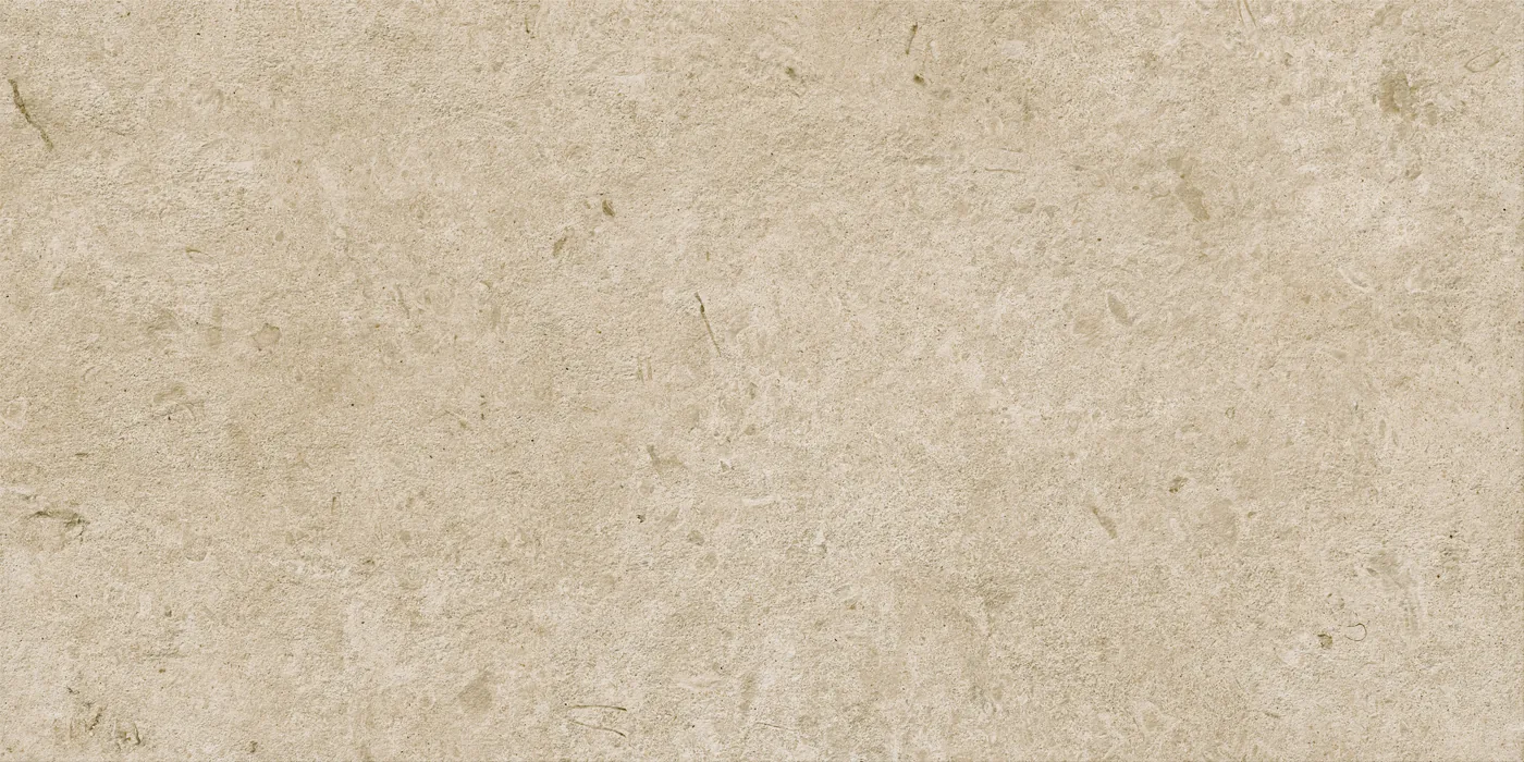Greigefarbene Fliese 60×120 cm in Kalksteinoptik mit fossilartigen Einschlüssen und leicht gewolkter Oberfläche.