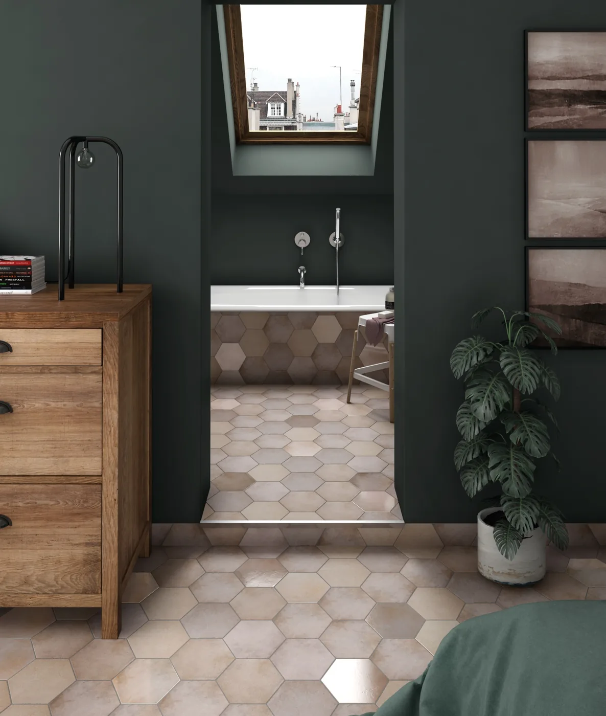 Schlafbereich mit beigem Hexagon-Boden Equipe Heritage Wheat, dunkelgrüne Wände und Holzkommode