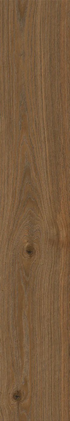 Holzoptik-Fliese 20×120 cm in dunklem Nussbraun mit dichter Längsmaserung und zwei Astaugen rechts