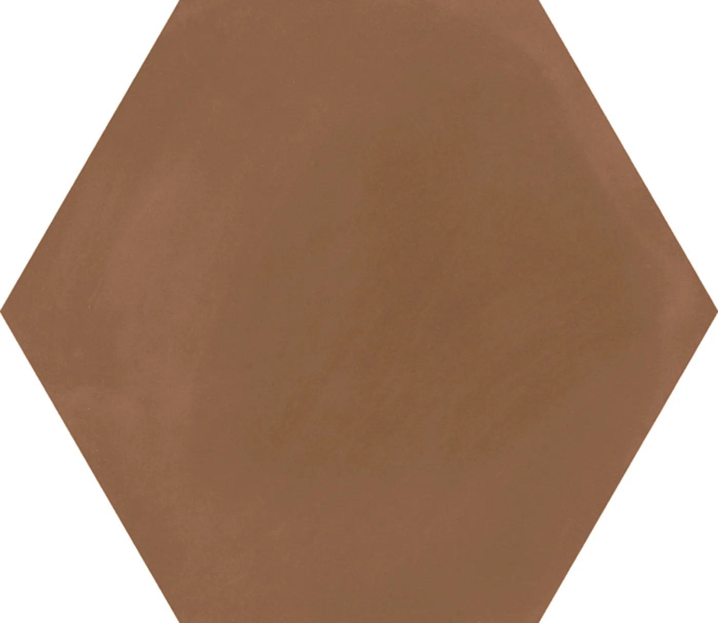 Terrakottabraune Sechseckfliese 18,2x21 cm in Betonoptik, einfarbig mit feiner wolkiger Schattierung, matte Oberfläche.