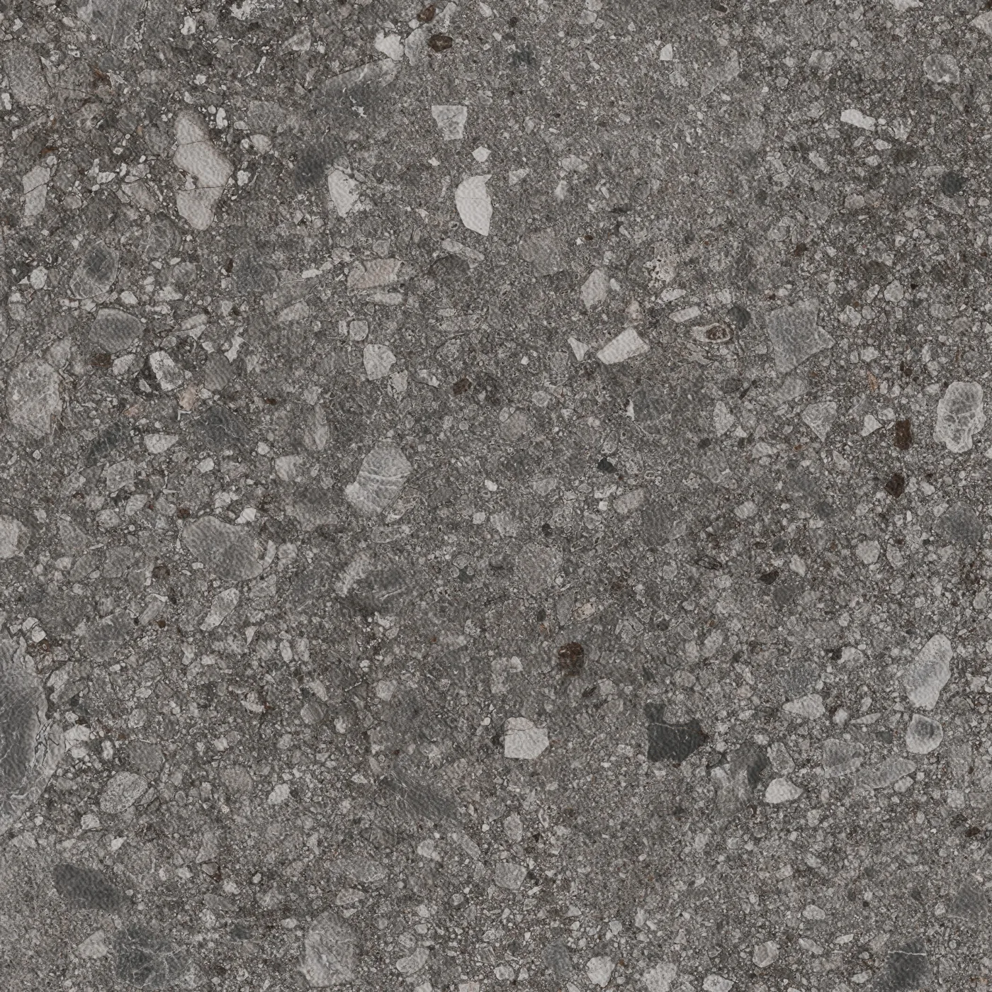 Dunkelgraue Terrassenplatte in Konglomerat-Steinoptik, 80x80 cm, strukturierte Oberfläche, mit eingestreuten Gesteinsbrocken.