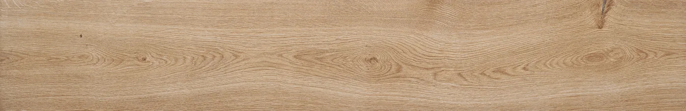Holzoptik-Diele 20x120 cm in warmem Beige mit dichten Maserungslinien und Astaugen an beiden Enden.