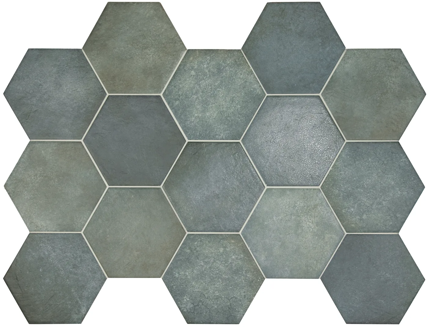 Equipe Heritage Indigo: graublaue Hexagon-Fliesen aus Feinsteinzeug, matt, in Vintage-Zementoptik verlegt