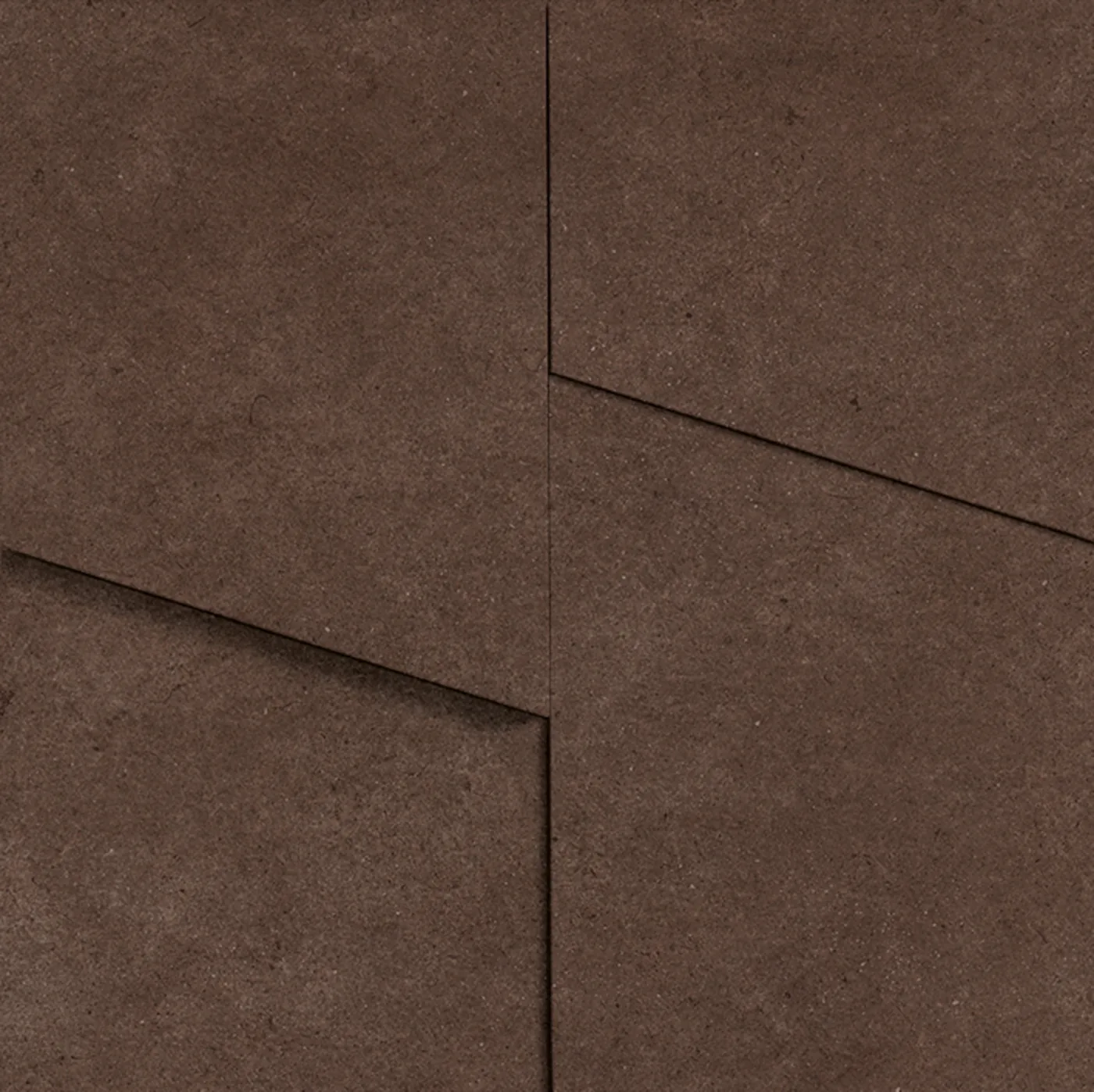 Reliefplatte 28,5x28,5 cm in dunkelbrauner Betonoptik aus versetzten Flächen mit schräg abgekanteten Stufen, matt.