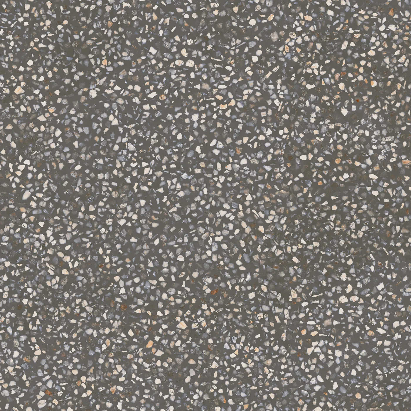 Dunkel anthrazitfarbene Terrazzo-Fliese 60×60 cm, matt, mit hellen und ockerfarbenen Marmorsplittern über die Fläche.