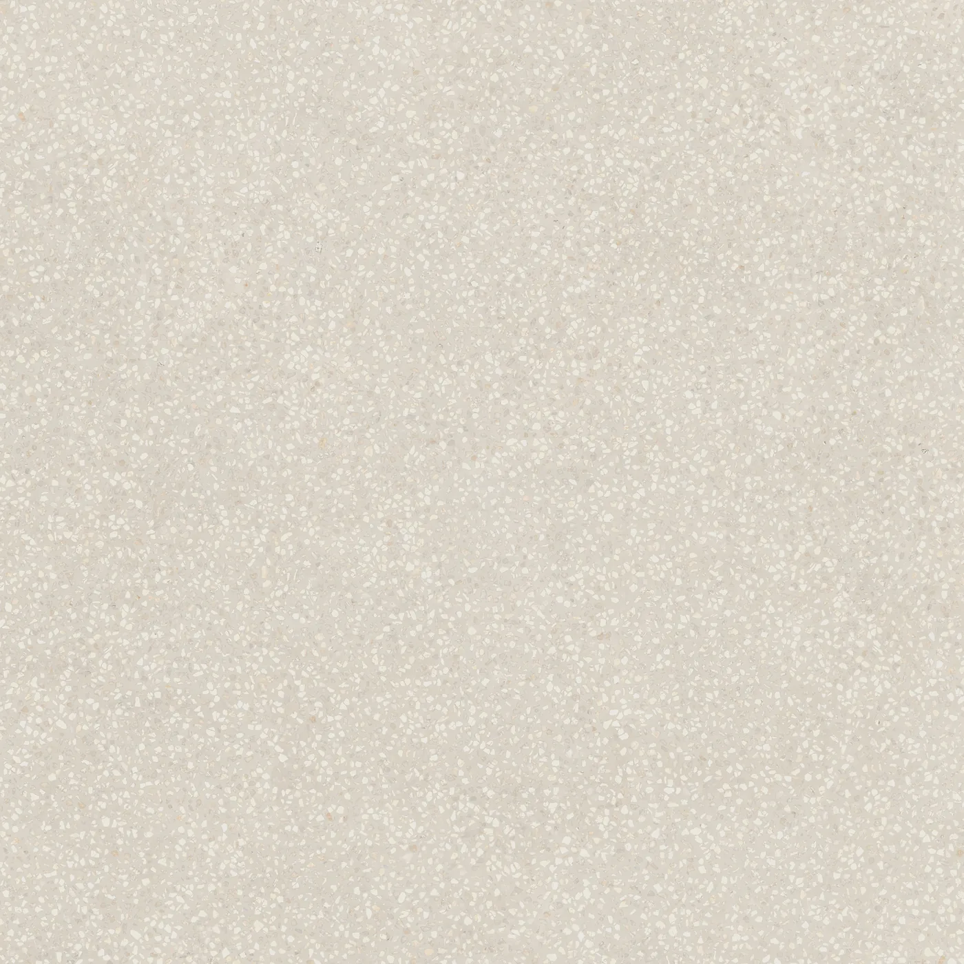 Cremeweiße Terrazzo-Fliese 120×120 cm, matt, mit dicht gestreuten hellen Marmorsplittern über die Fläche.