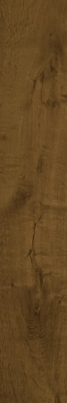 Warm mittelbraune Holzoptik-Fliese 20×120 cm, matt, mit natürlicher Eichenmaserung und dezenten Astzeichnungen.
