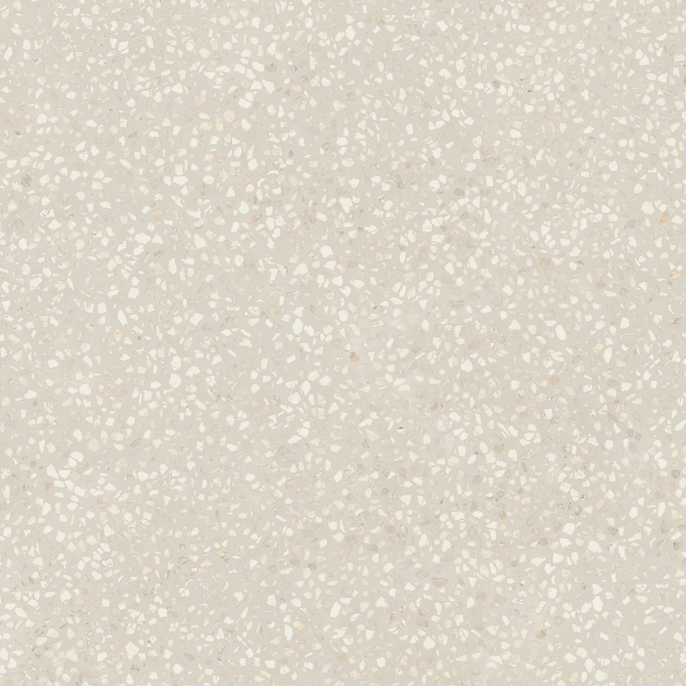Cremeweiße Terrazzo-Fliese 60×60 cm, matt, mit dicht gestreuten hellen Marmorsplittern über die Fläche.