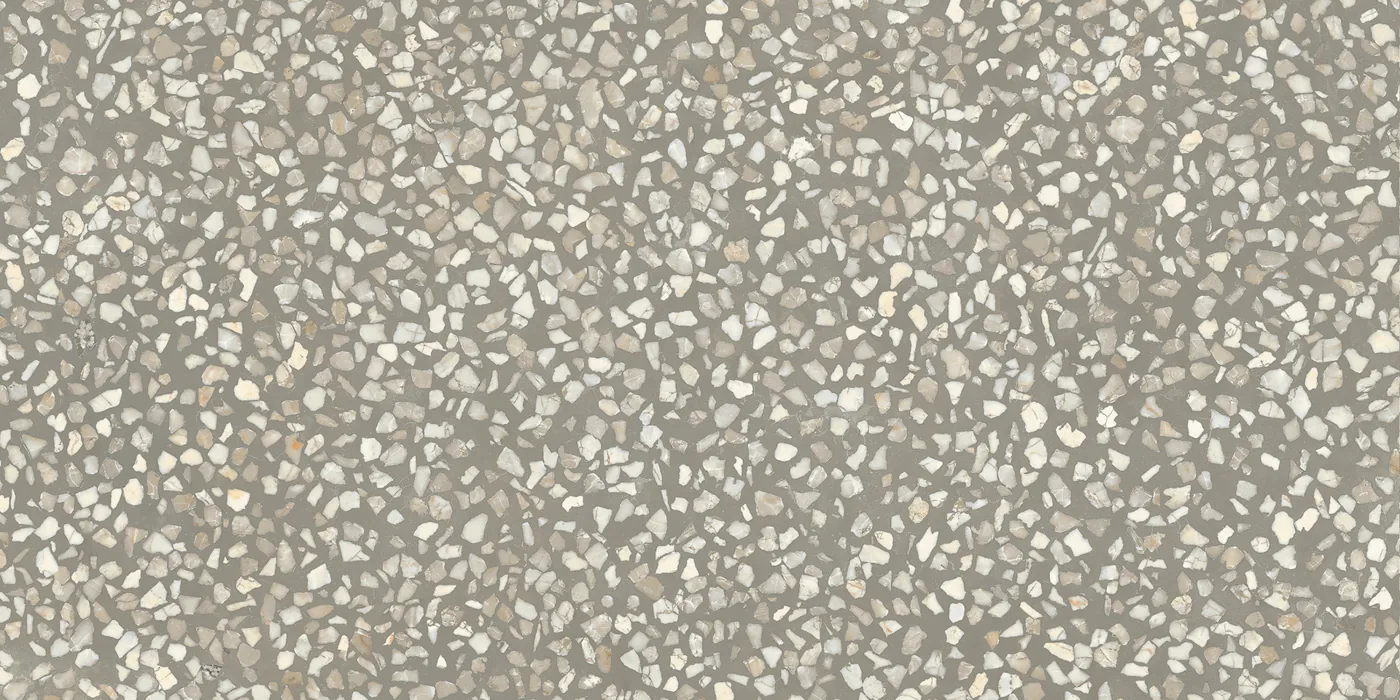 Warmgrau-grünliche Terrazzo-Fliese 30×60 cm, matt, mit hellen, dicht gestreuten Marmorsplittern über die Fläche.