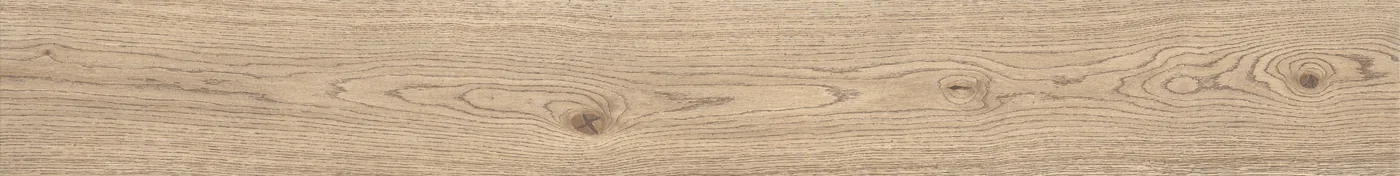 Hellbeige Holzoptik-Planke im Format 22,5x180 cm mit durchgehender Eichenmaserung und dunklem Astknoten in der Mitte.
