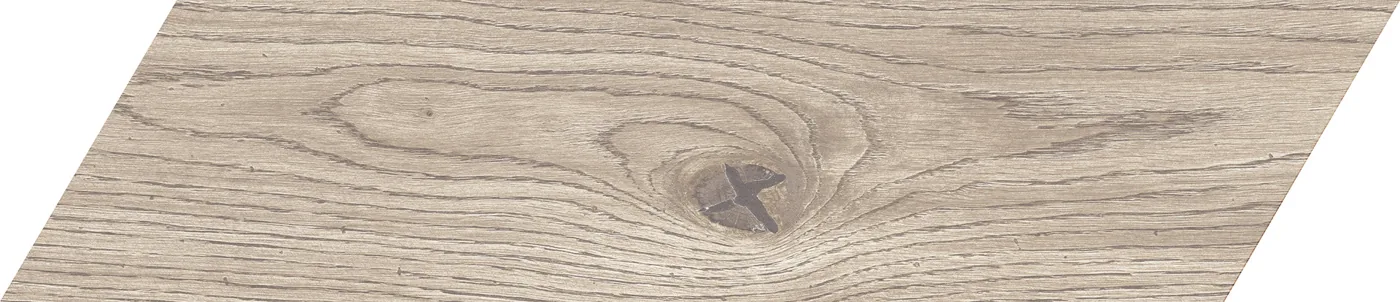 Hell sandgraue Holzoptik-Fliese als Parallelogramm für Fischgrätverlegung, 11x54 cm, mit Eichenmaserung und Astknoten.