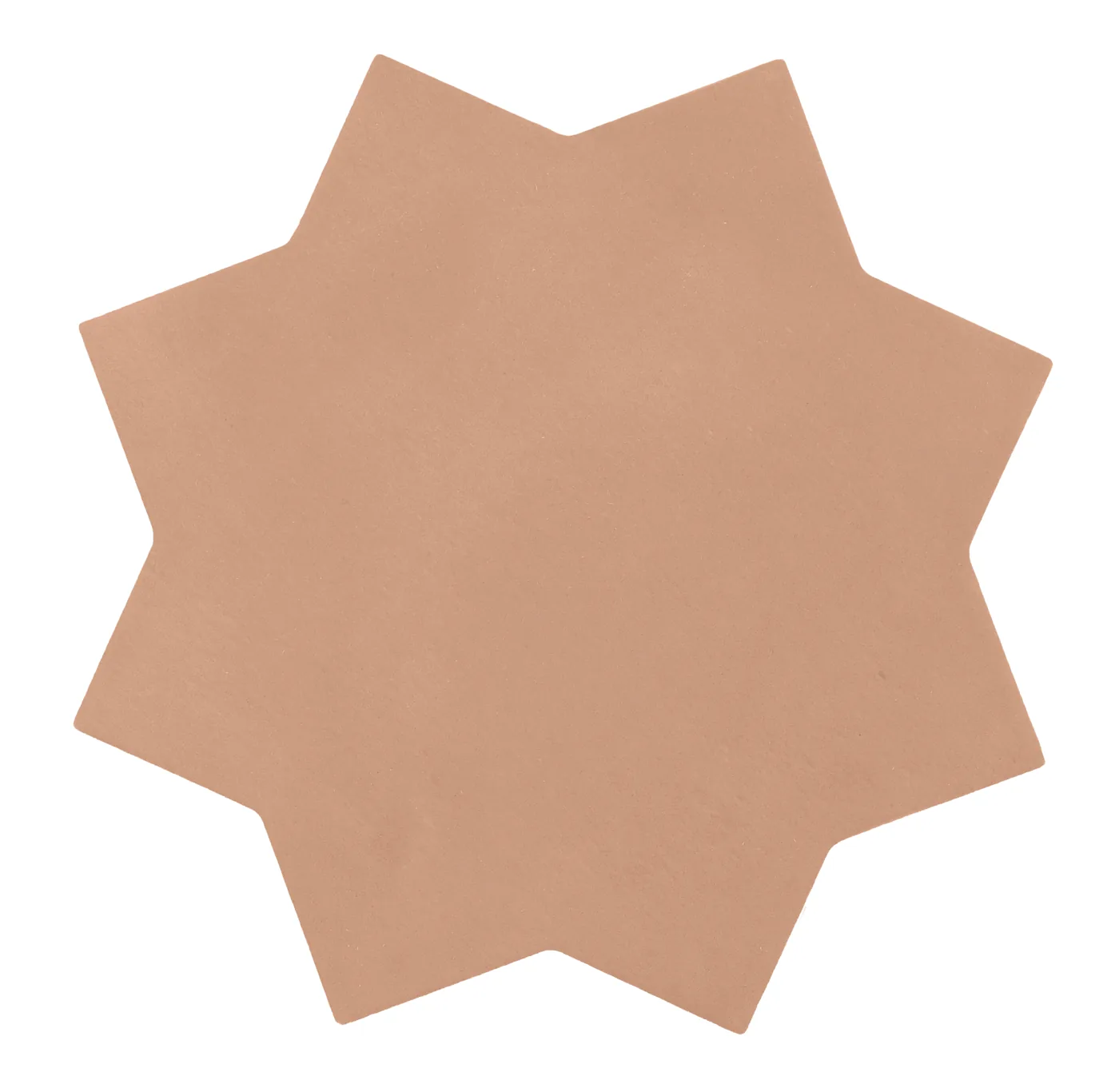 Achtzackige Sternfliese in warmem Terracotta mit matter Oberfläche und wolkig changierenden Tönen.