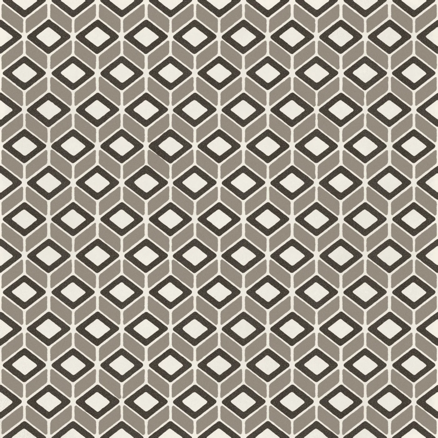 Quadrat-Fliese 20x20 cm, matt, mit dichtem Rautenraster in Braun und Taupe auf weißem Grund.