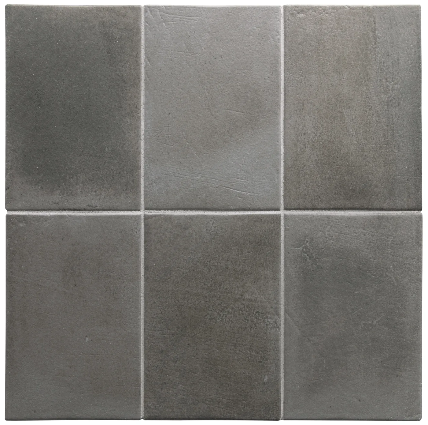 Anthrazitgraue matte Fliesen im Format 10×15 cm, als 3×2-Raster verlegt, mit dunkler Wolkung und matter Oberfläche.