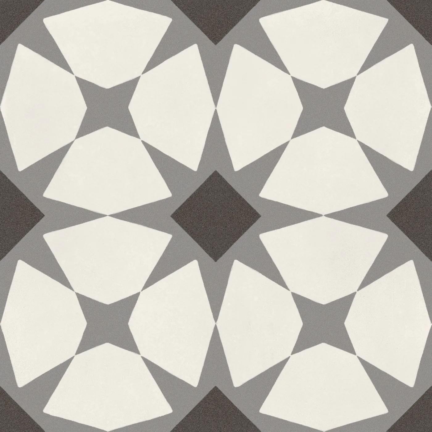 Quadrat-Fliese 20x20 cm, matt, mit weißem Blütenstern-Muster auf grauem Grund mit dunkler Raute.