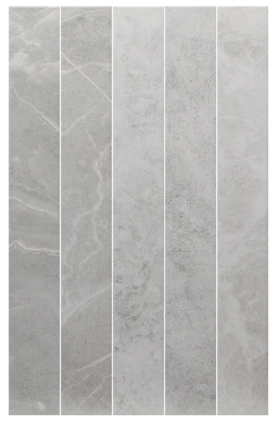 Equipe Marmoris Grey: funf matte Riemchen 7,5x60 cm in Hellgrau mit feiner Marmoraderung, frontal verlegt.