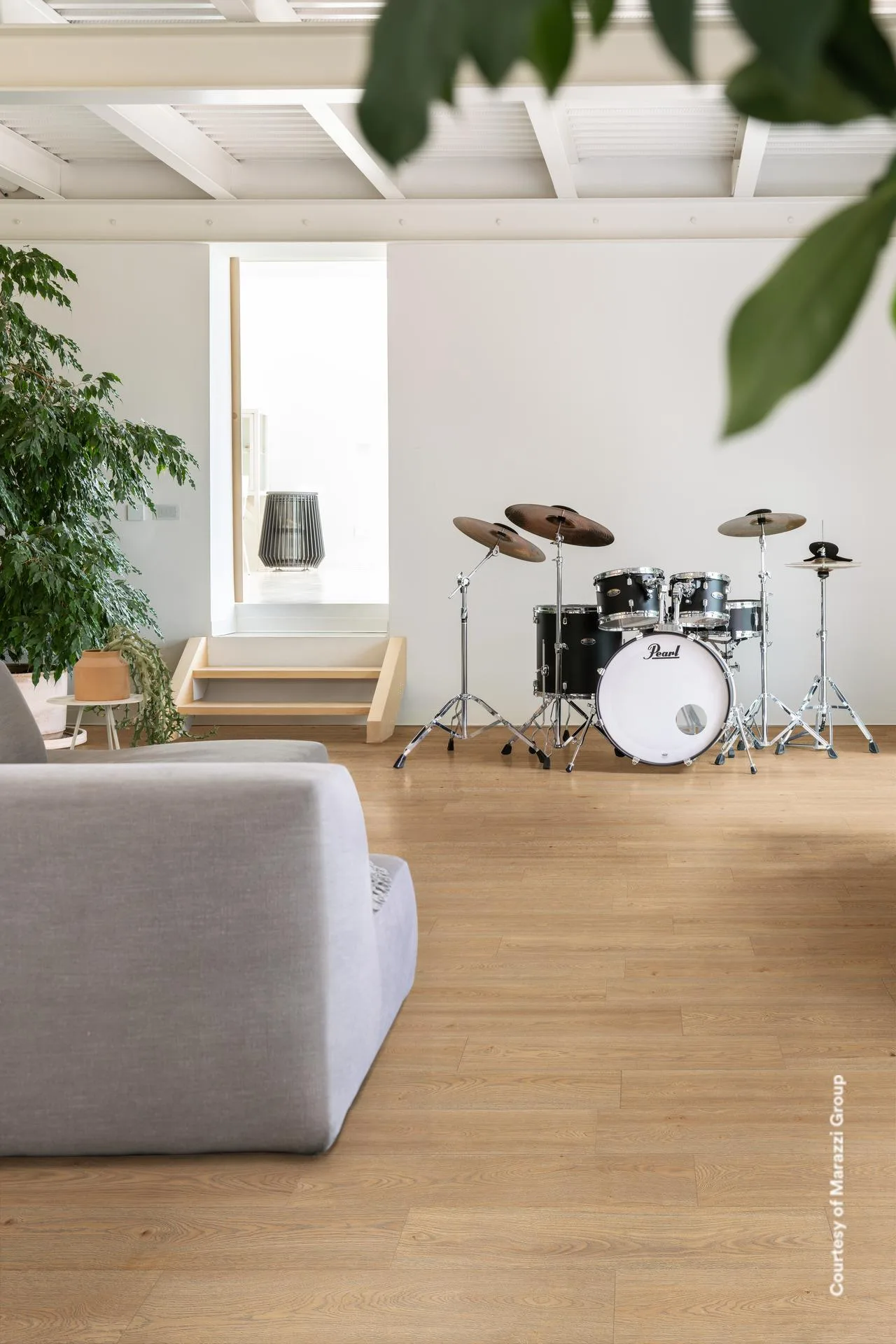Offener Wohnraum mit grauem Sofa, schwarzem Schlagzeug und großer Grünpflanze auf Holzdielenboden