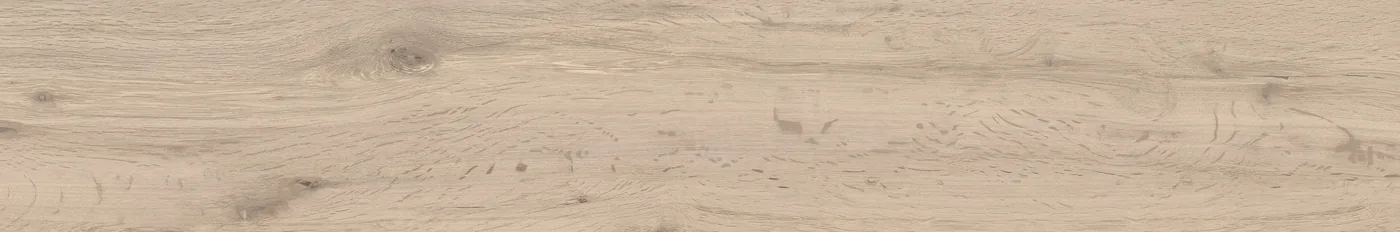 Holzoptik-Diele 14,5x90 cm in hellem warmem Beige mit sägerauer Struktur und kleinem Astauge links.