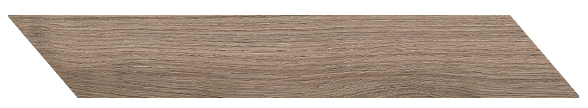 Graubraune Holzoptik-Fliese 11,8×73,2 cm mit schrägen Enden für Fischgrät-Verlegung, matt und fein gemasert.