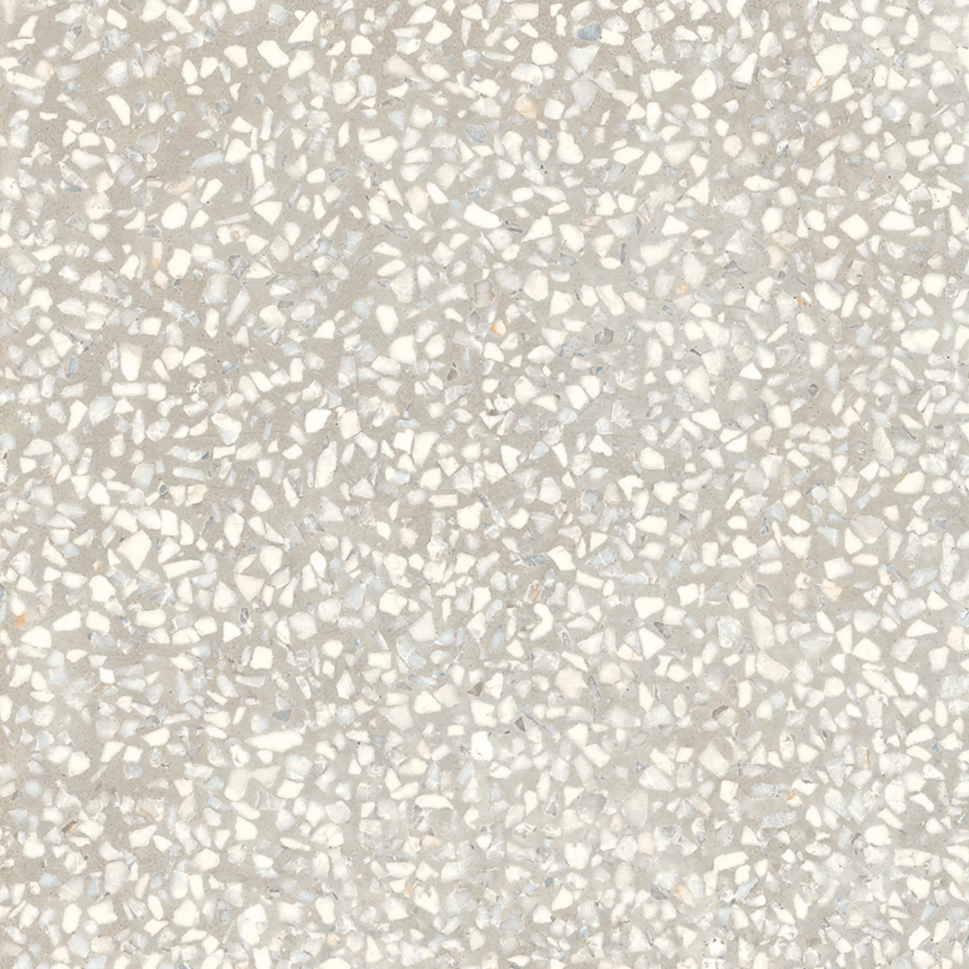 Helle Terrazzo-Fliese 20x20 cm, cremeweißer Grund mit dichten weißen und hellgrauen Splittern, matte Oberfläche.