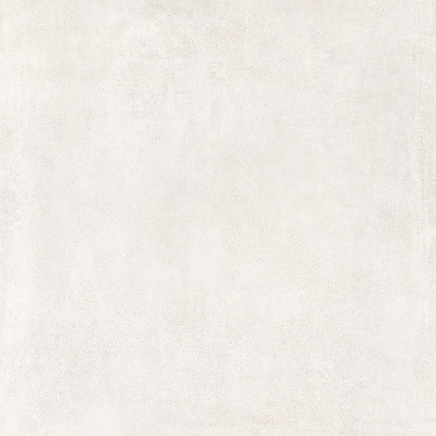 Fast weiße Betonoptik-Fliese 120x120 cm mit wolkiger, gespachtelt wirkender Schattierung, Oberfläche ohne Glanz.