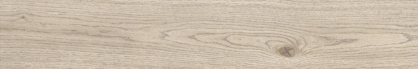 Hell sandgraue Holzoptik-Planke im Format 20x120 cm mit durchgehender Eichenmaserung und dunklem Astknoten in der Mitte.