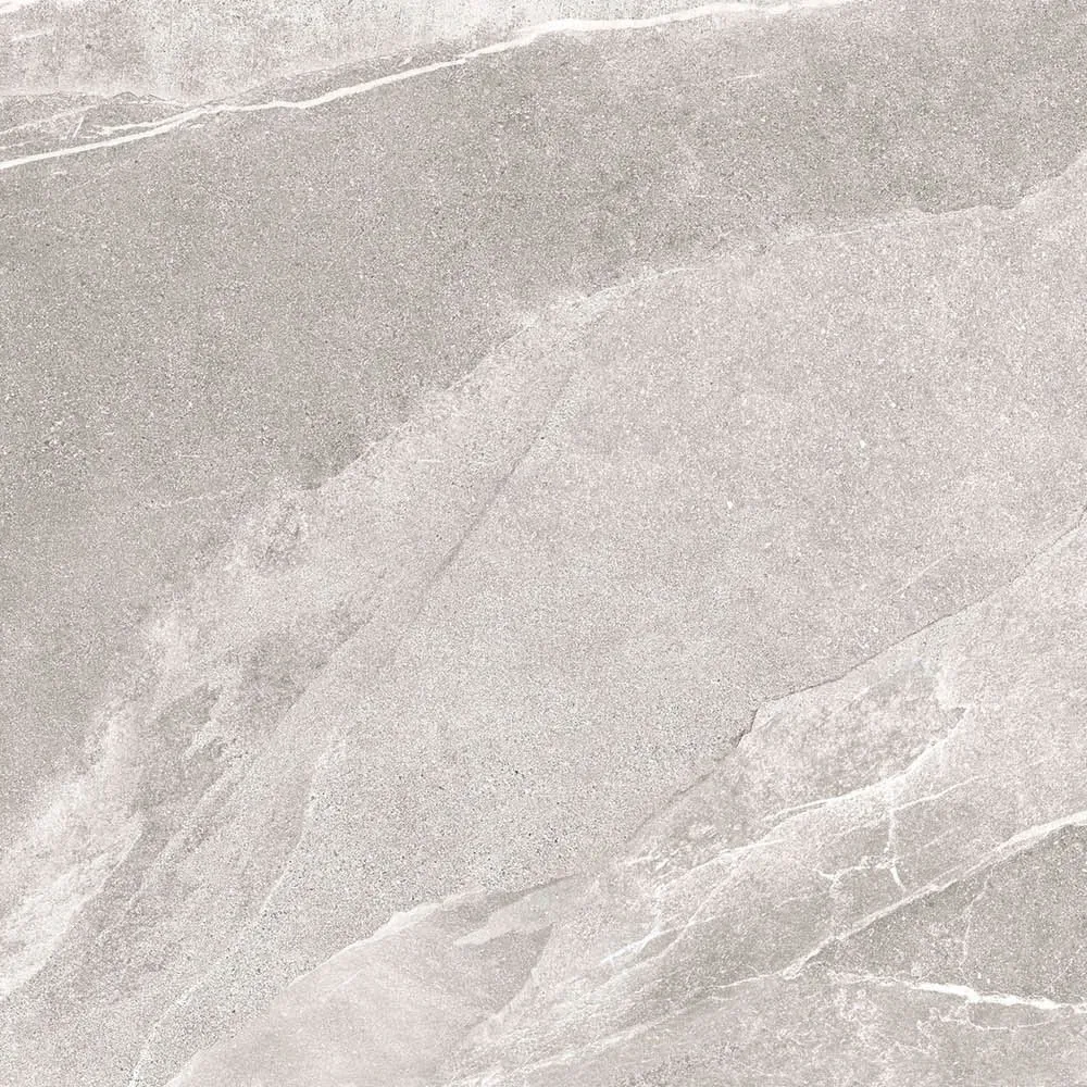African Slate Moon: Feinsteinzeugfliese 80×80 cm in hellem Kühlgrau mit fast weißen Adern, matte Schieferoberfläche