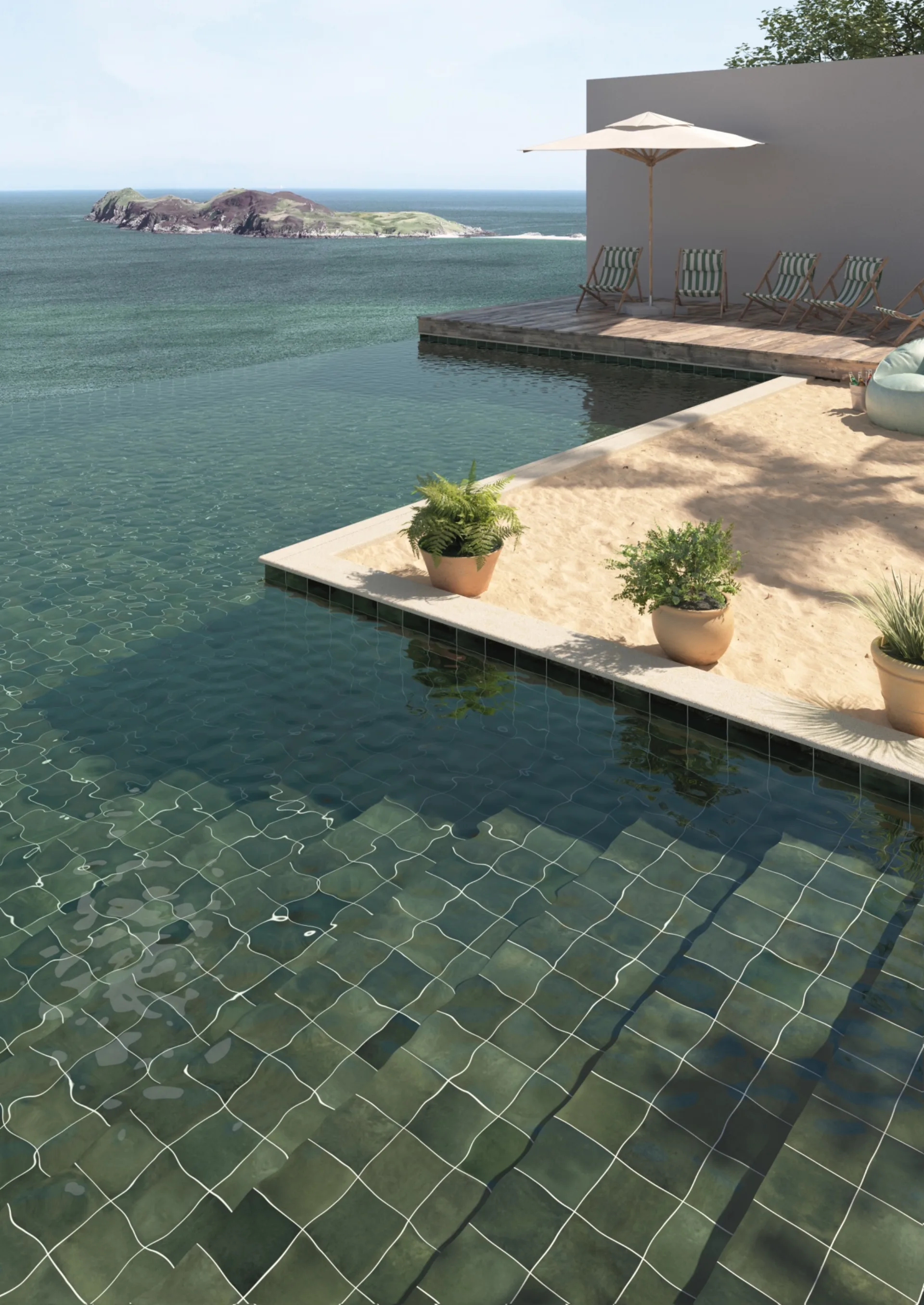 Infinity-Pool mit dunkel-petrolfarbenen Fliesen, Topfpflanzen und Meerblick unter freiem Himmel.