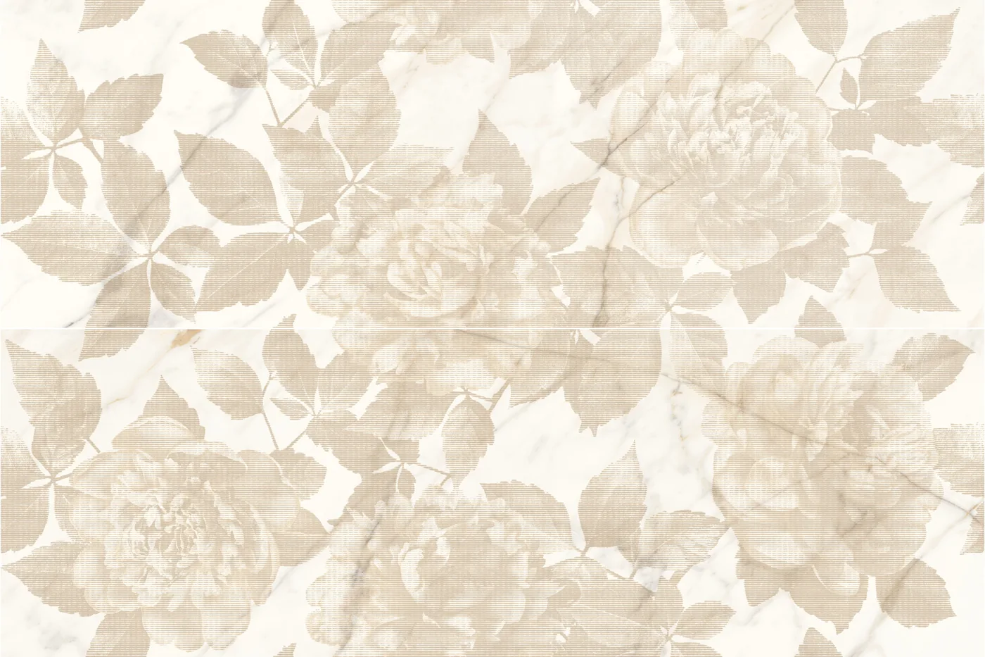 Warmweiße Marmoroptik-Wandfliese 80×120 cm mit großen Rosen und Blättern in beiger Rasterzeichnung über zwei Tafeln.