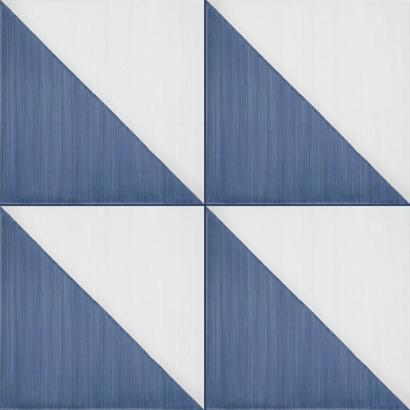Vier Musterfliesen 20×20 cm, jede diagonal geteilt in ein blaues und ein weißes Dreieck, gleich ausgerichtet verlegt.
