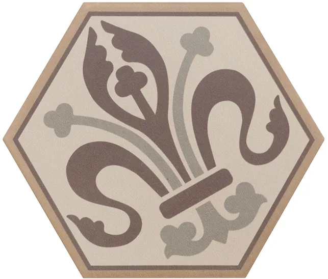 Equipe Hexatile Harmony Colours: sechseckige Dekorfliese, beige-braunes Ornament aus dem bunten Mustermix, 17,5x20 cm.