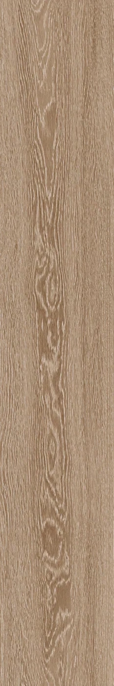 Karamellbraune Holzoptik-Fliese 20x120 cm mit hell gekalkter, stark gefladerter Eichenmaserung.