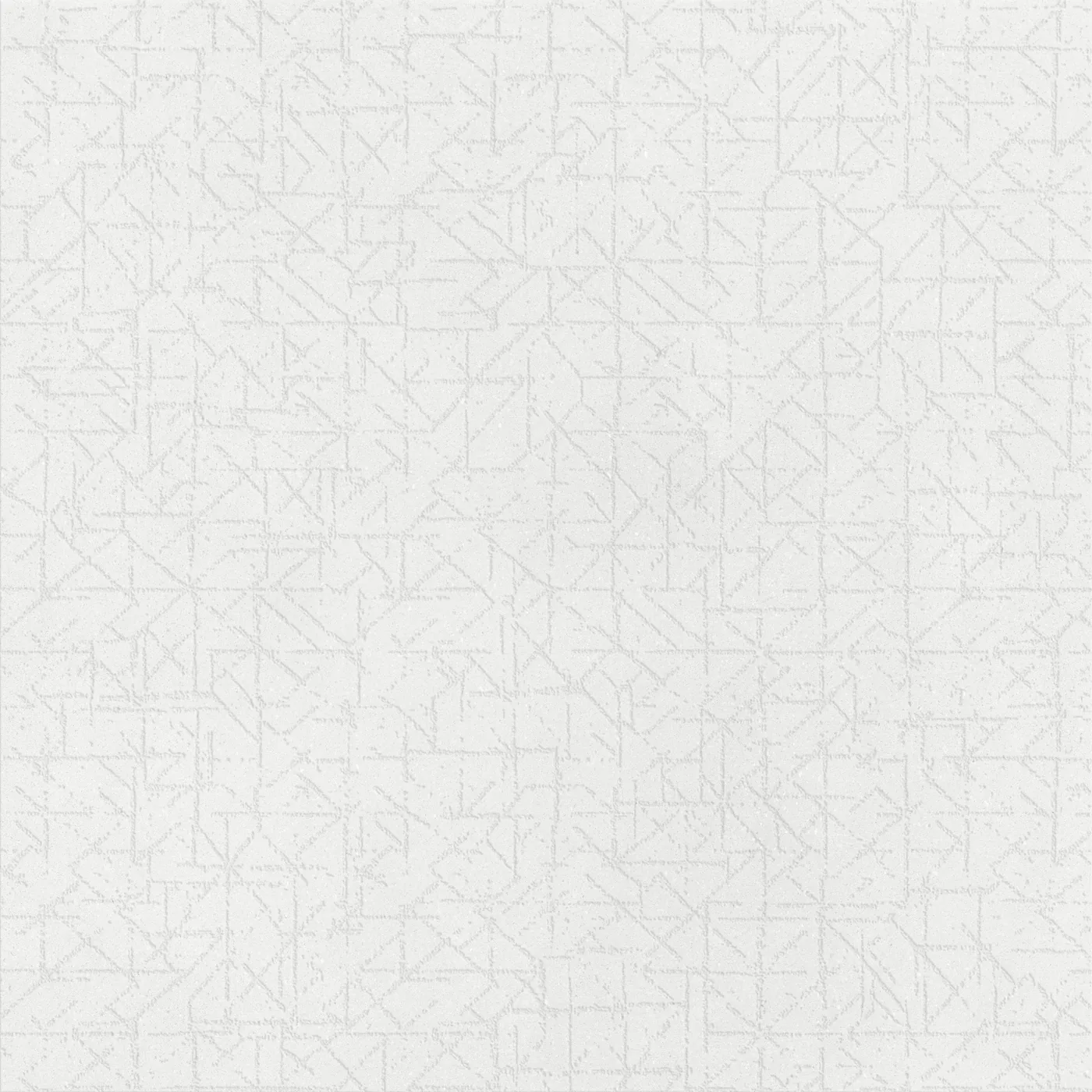 Kreideweiße Betonoptik-Fliese 75x75 cm mit feinem geometrischem Linienmuster aus Dreiecken auf der Fläche, matt.