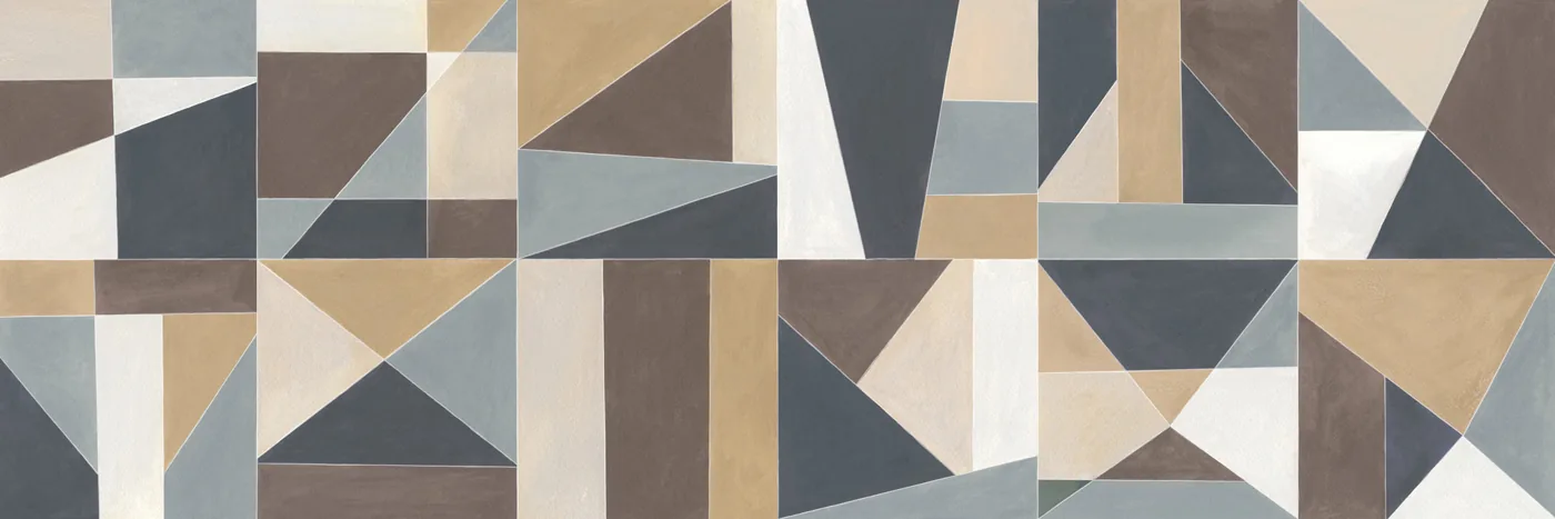 Dekorfliese 30x90 cm mit geometrischem Muster aus Dreiecken und Rechtecken in Dunkelblau, Braun, Ocker, Grau und Creme