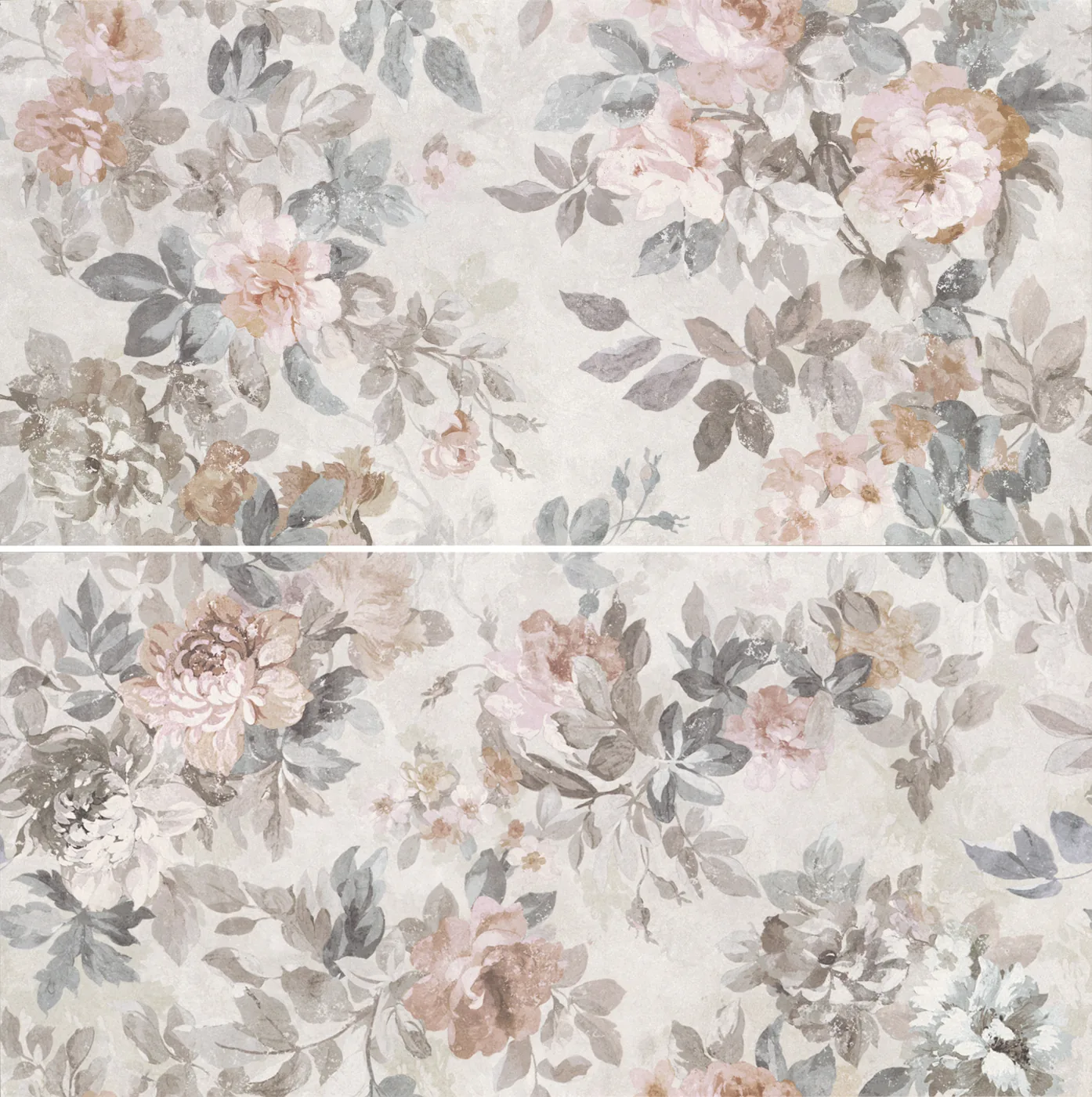 Zweiteiliges Wandpaneel 120x120 cm mit großem aquarellartigem Blumendekor in Grau, Beige und Rosé auf hellem Grund.