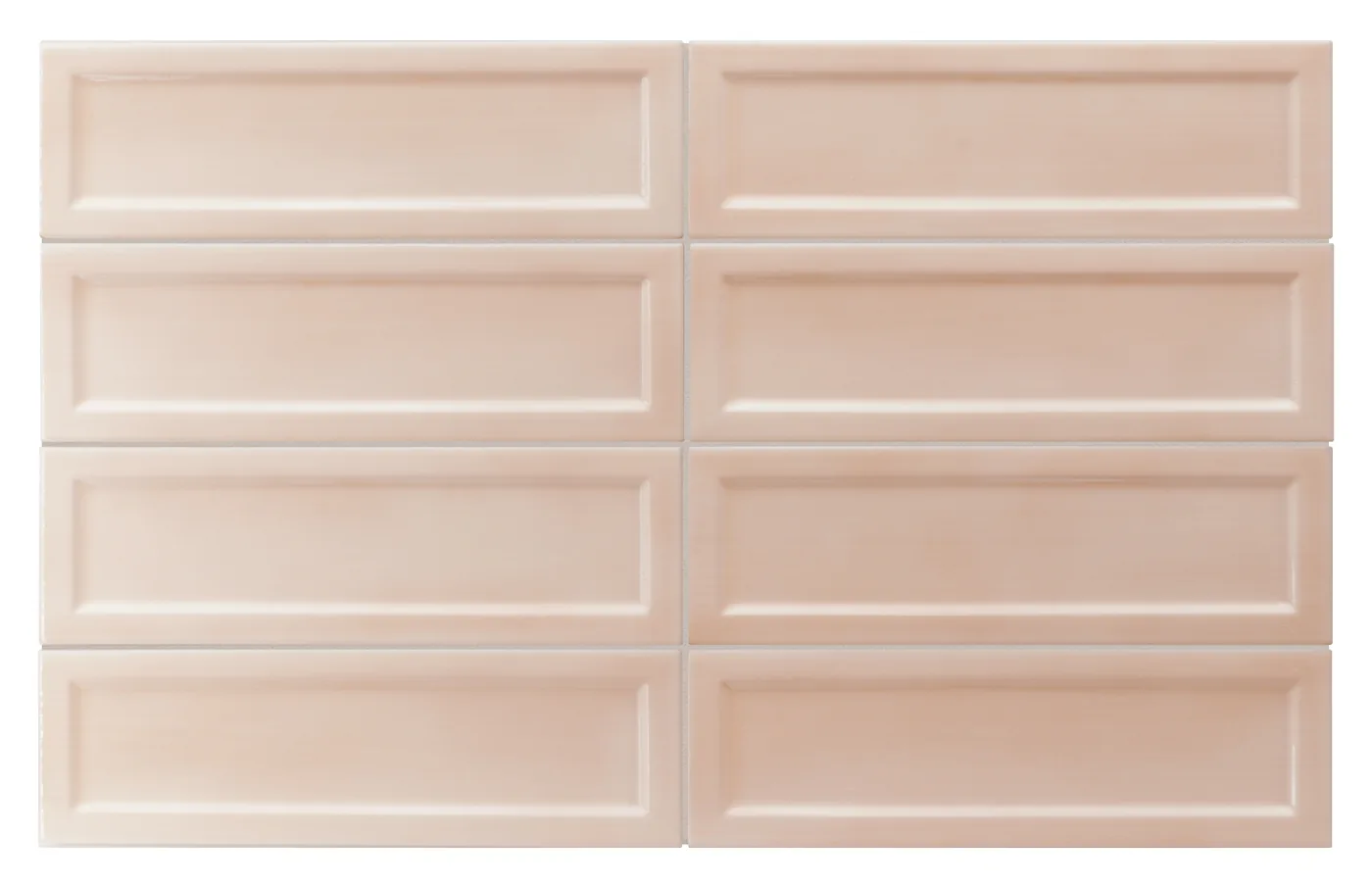 Glänzende zartrosa Wandfliese 6,5×20 cm mit erhabenem Rahmenrelief und wolkiger Lasur im sanften Blushton.