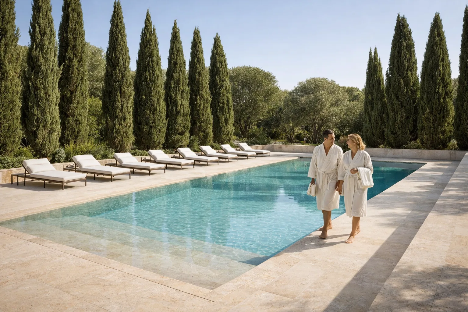 Aussenpool mit Nyra-Terrassenplatten in warmer Natursteinoptik – KI-generiertes Beispielbild